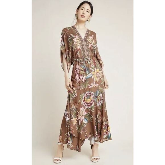 Anthropologie Farm Rio Valentina Brown Midi Dress in Brown Motif - Picture 1 of 9